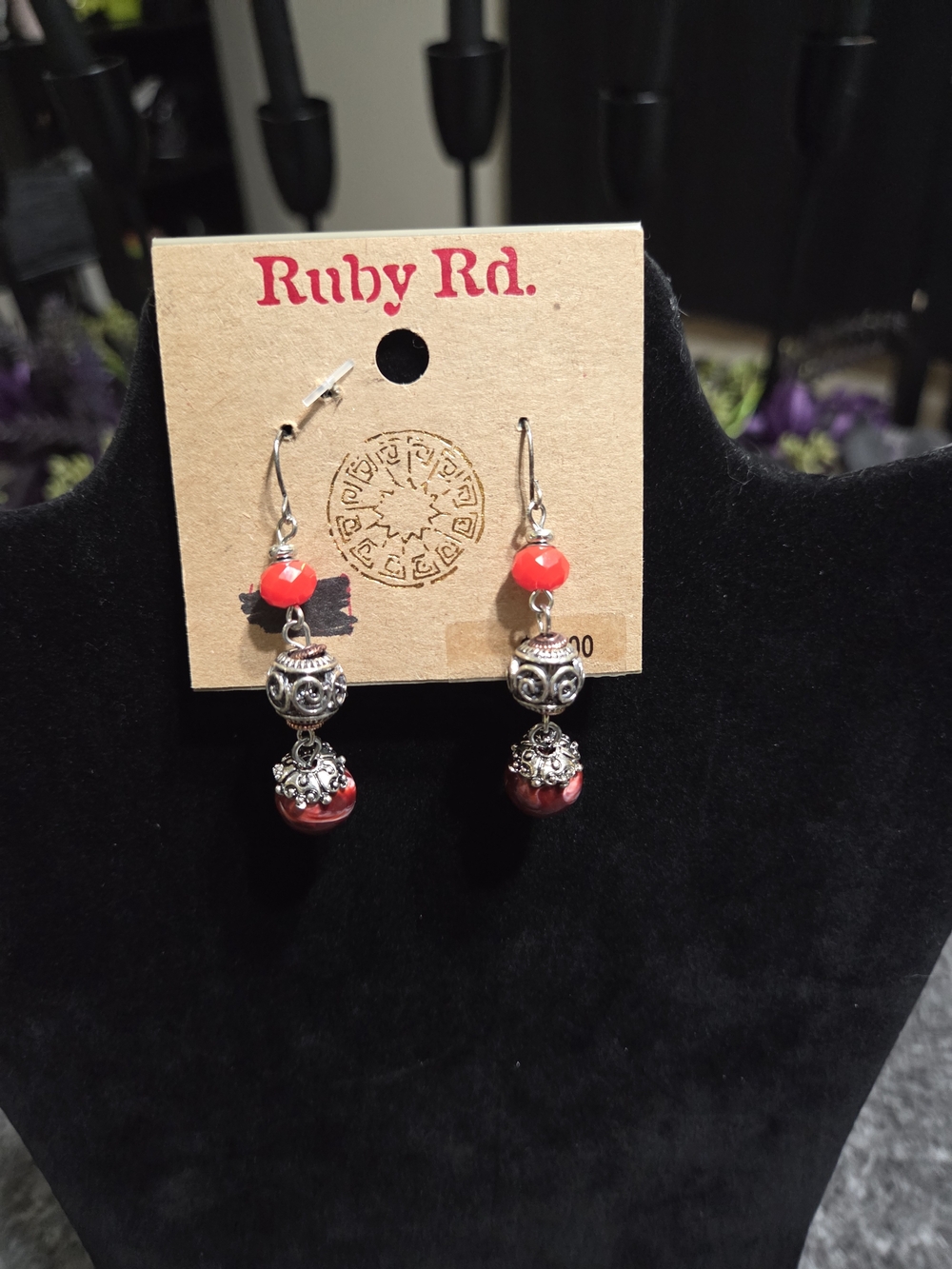Ruby Rd. Red and Silver Beaded Filigree Drop Earrings